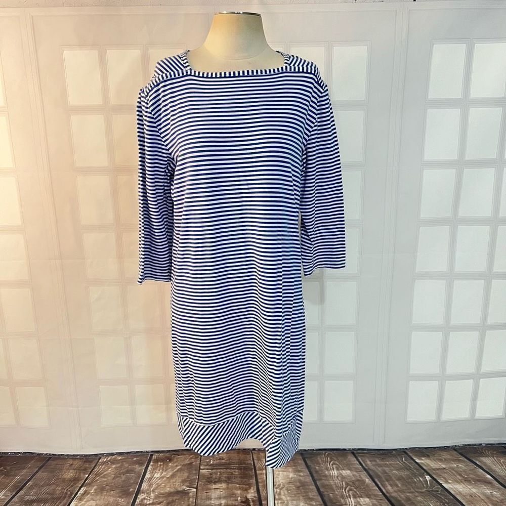 Sailor sailor tiny blue and white stripe boat neck 3/4 sleeve jersey dress